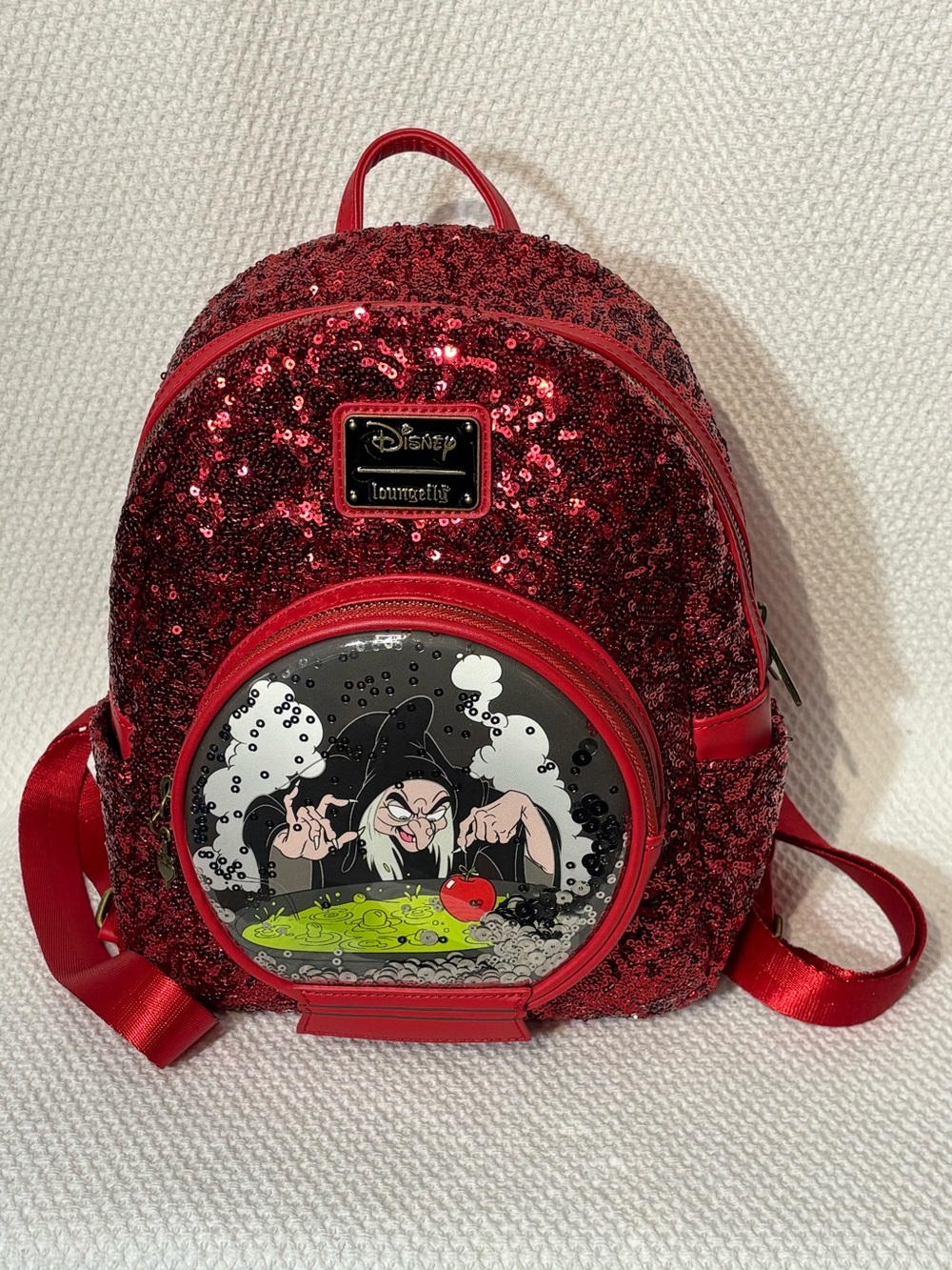 Loungefly Red Sequin Snow White Evil Queen Witch Cauldron Mini Backpack